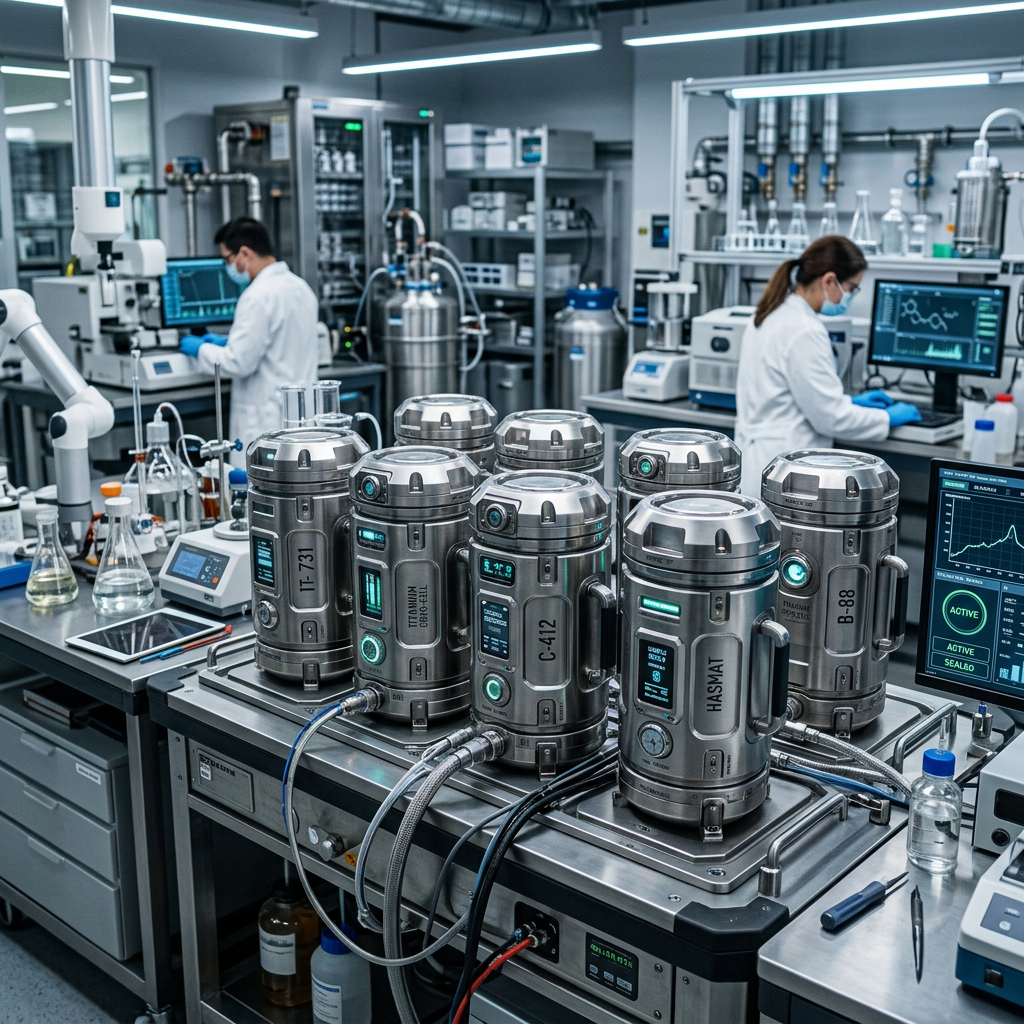 High-tech laboratory instruments labeled with codes like HAZMAT, connected by cables for chemical analysis.